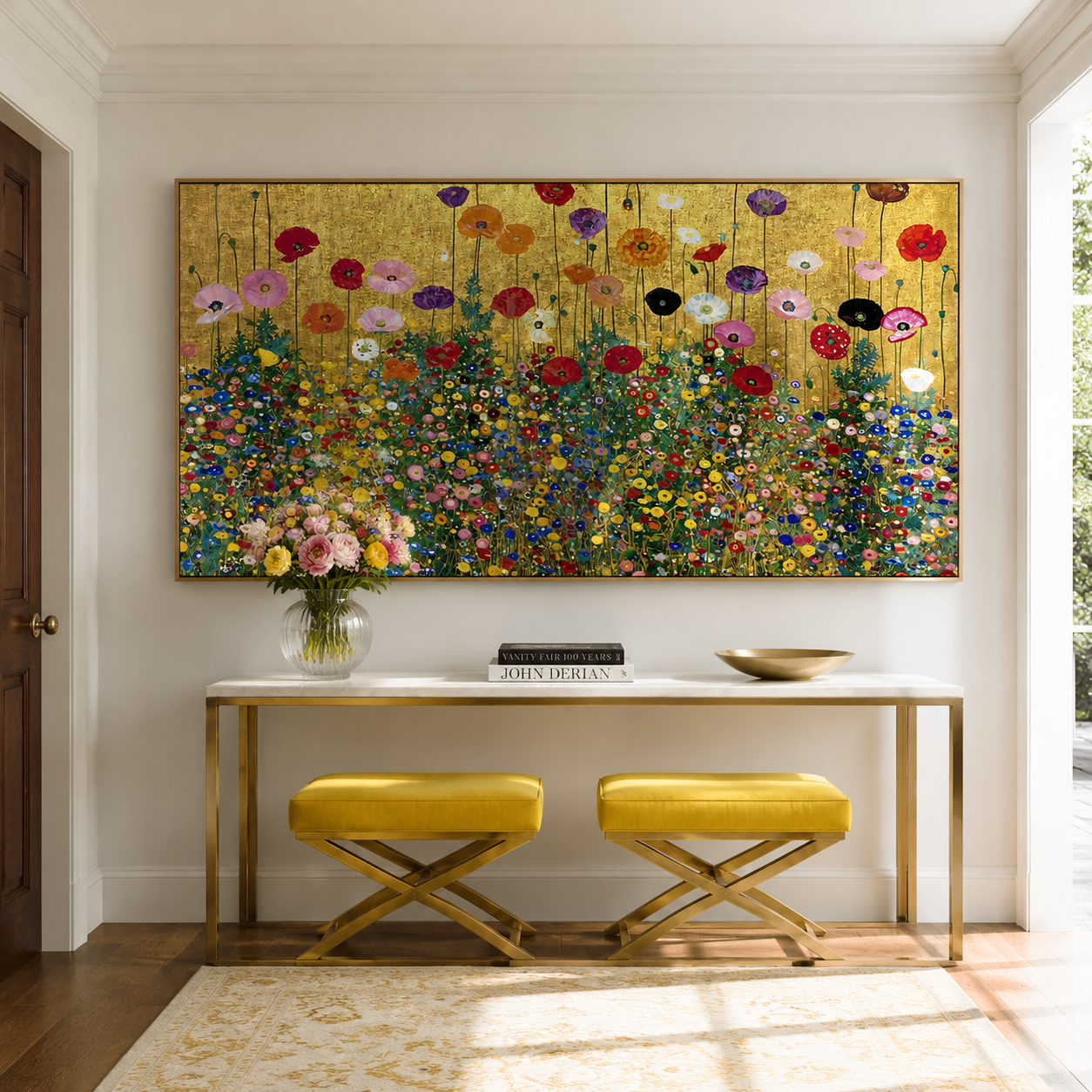 Golden Horizon Meadow – Hand-Painted Textured Floral Canvas Wall Art