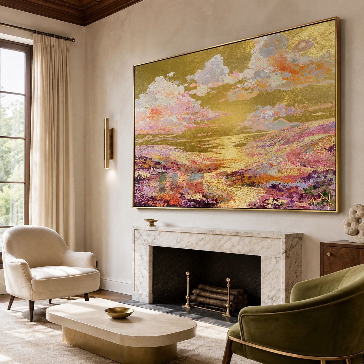 Golden Meadow Daydream – Colorful Floral Landscape Wall Art
