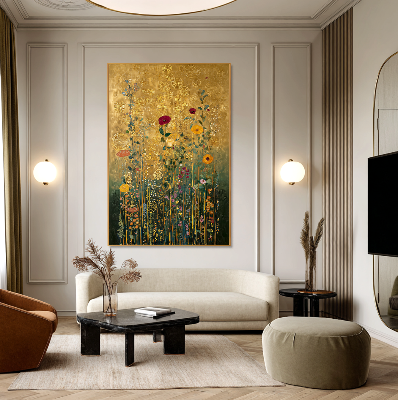 Golden Reverie – Textured Floral Wall Art, Hand-Painted Gold Canvas for Luxury Home Decor