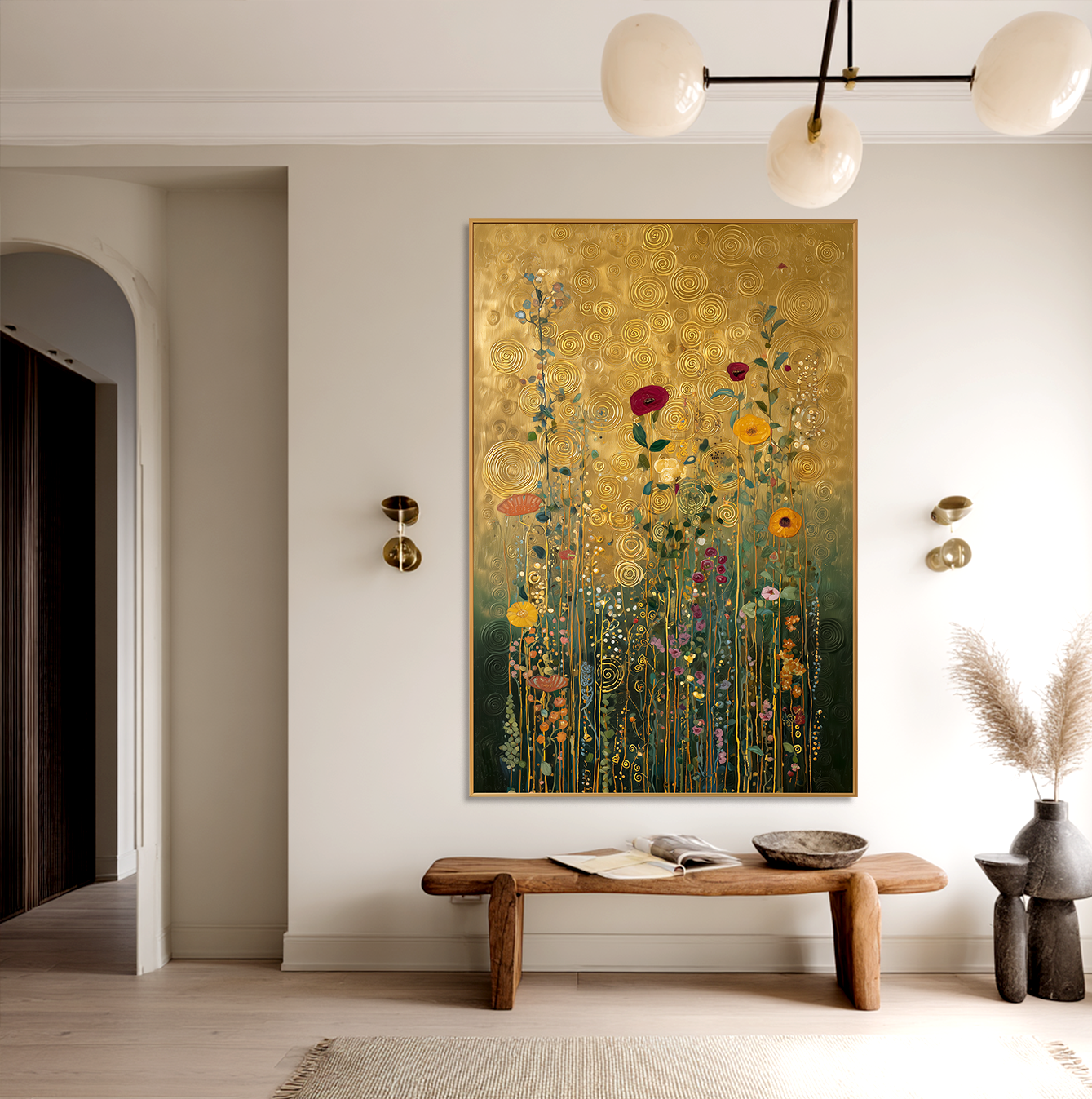 Golden Reverie – Textured Floral Wall Art, Hand-Painted Gold Canvas for Luxury Home Decor
