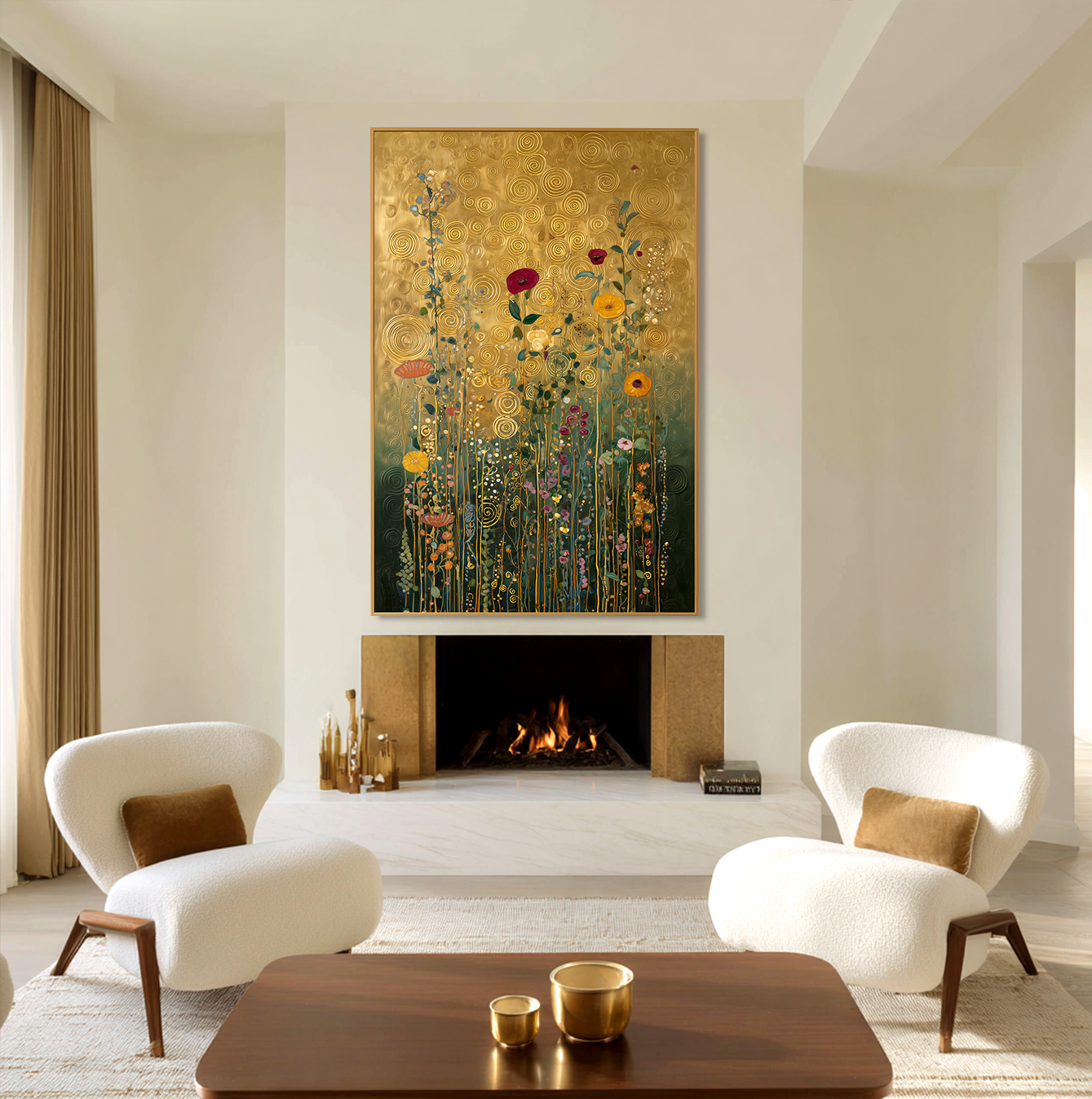 Golden Reverie – Textured Floral Wall Art, Hand-Painted Gold Canvas for Luxury Home Decor