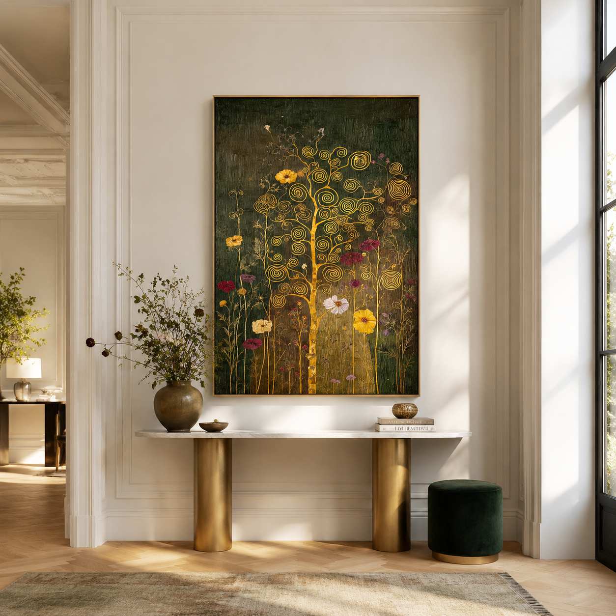 Golden Spiral Garden – Hand-Painted Textured Floral Canvas Wall Art