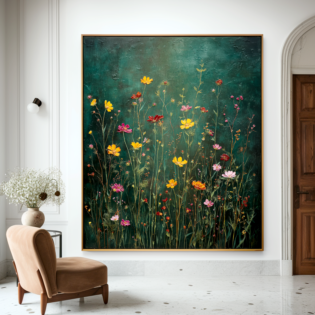 Midnight Meadow – Textured Floral Wall Art, Hand-Painted Wildflower Canvas for Modern Home Decor