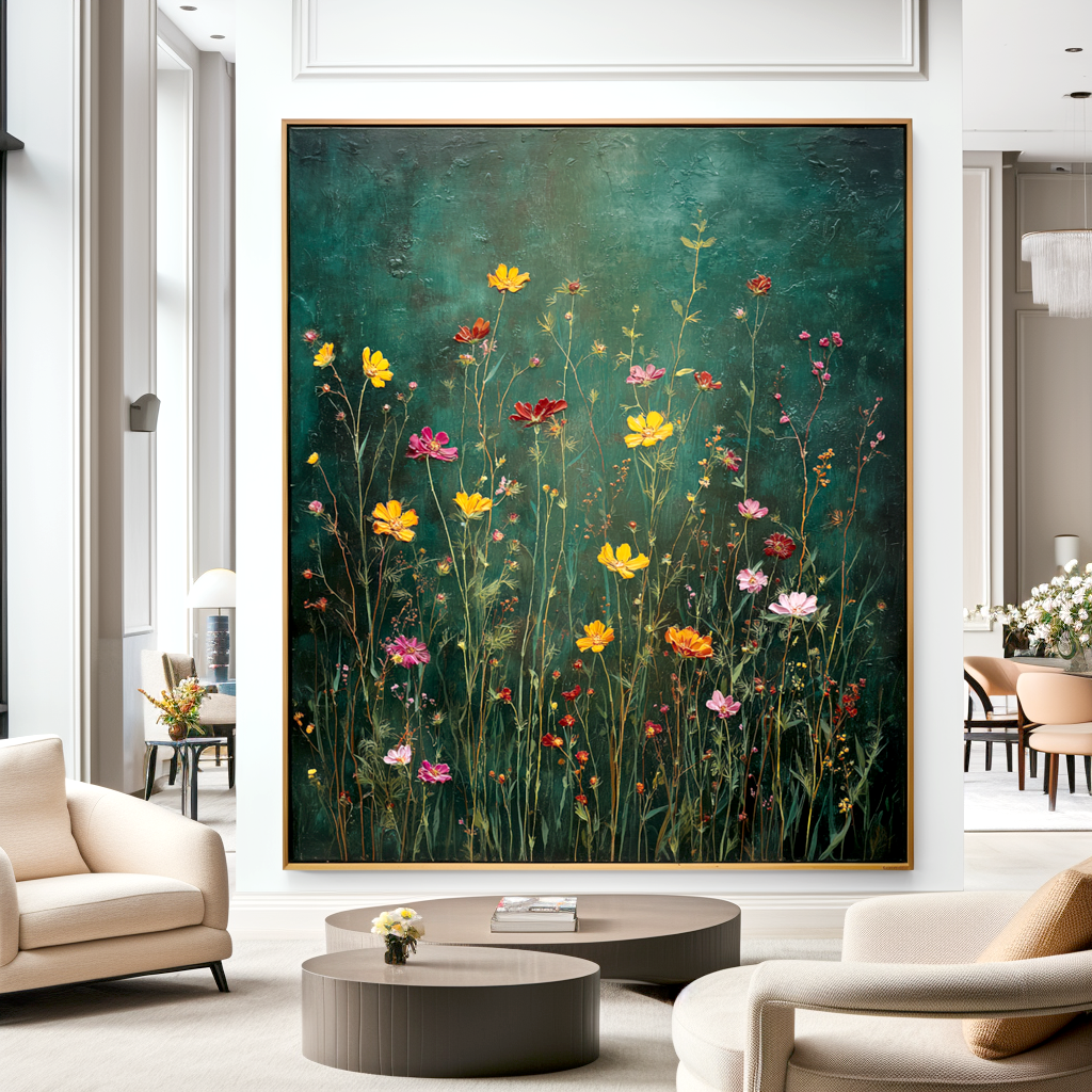Midnight Meadow – Textured Floral Wall Art, Hand-Painted Wildflower Canvas for Modern Home Decor