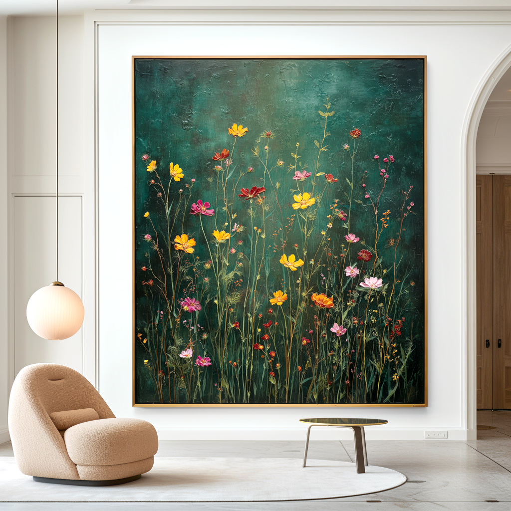 Midnight Meadow – Textured Floral Wall Art, Hand-Painted Wildflower Canvas for Modern Home Decor