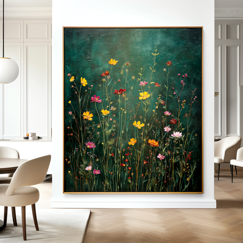 Midnight Meadow – Textured Floral Wall Art, Hand-Painted Wildflower Canvas for Modern Home Decor