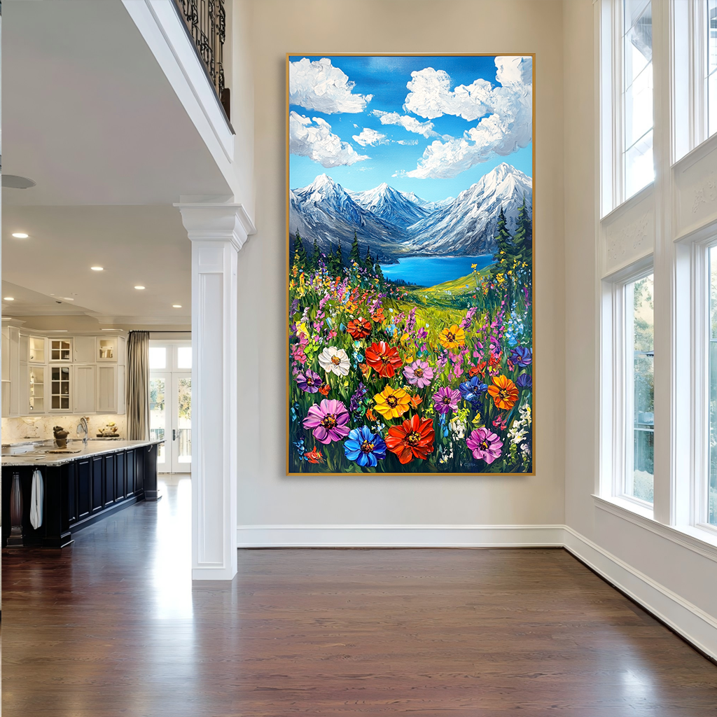 Skyward Bloom - Snow Mountain Lake Floral Wall Art