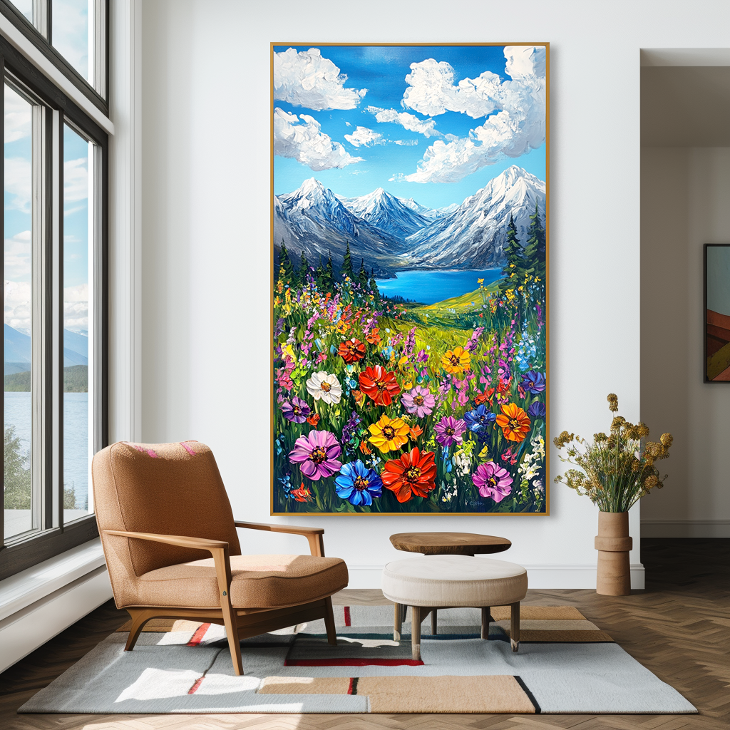 Skyward Bloom - Snow Mountain Lake Floral Wall Art