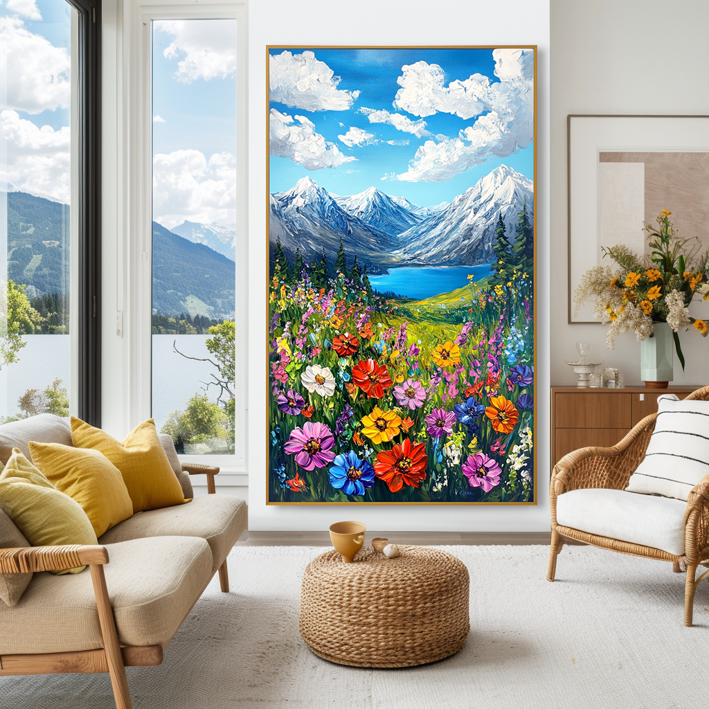 Skyward Bloom - Snow Mountain Lake Floral Wall Art