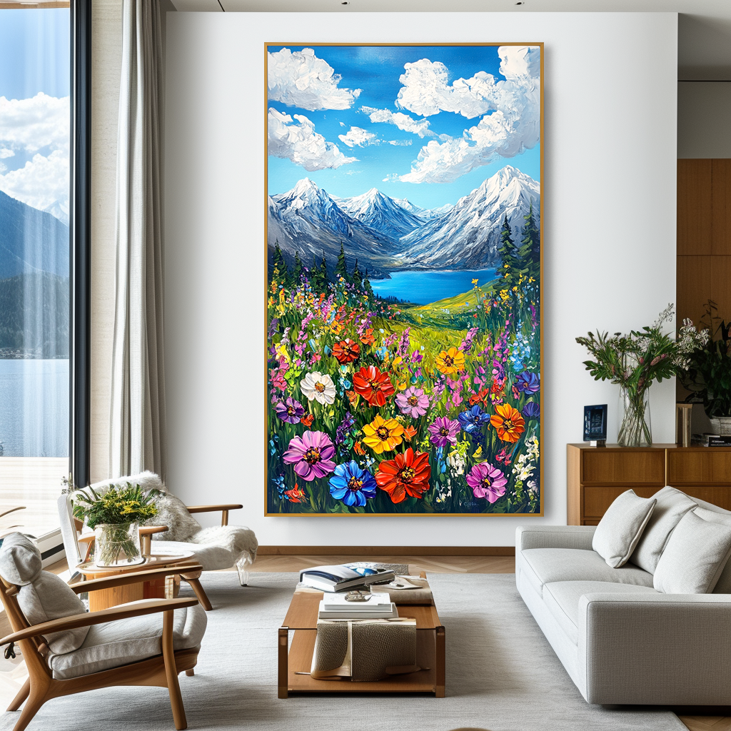 Skyward Bloom - Snow Mountain Lake Floral Wall Art