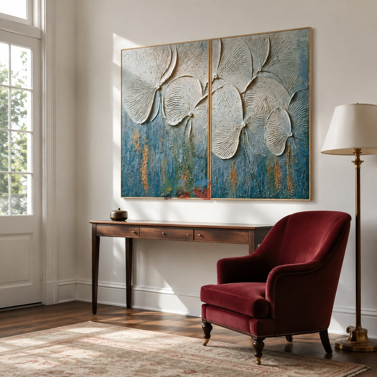 Tidal Petals – Ivory and Ocean Blue Textured Floral Diptych Wall Art