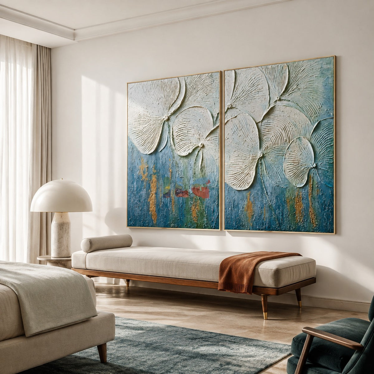 Tidal Petals – Ivory and Ocean Blue Textured Floral Diptych Wall Art