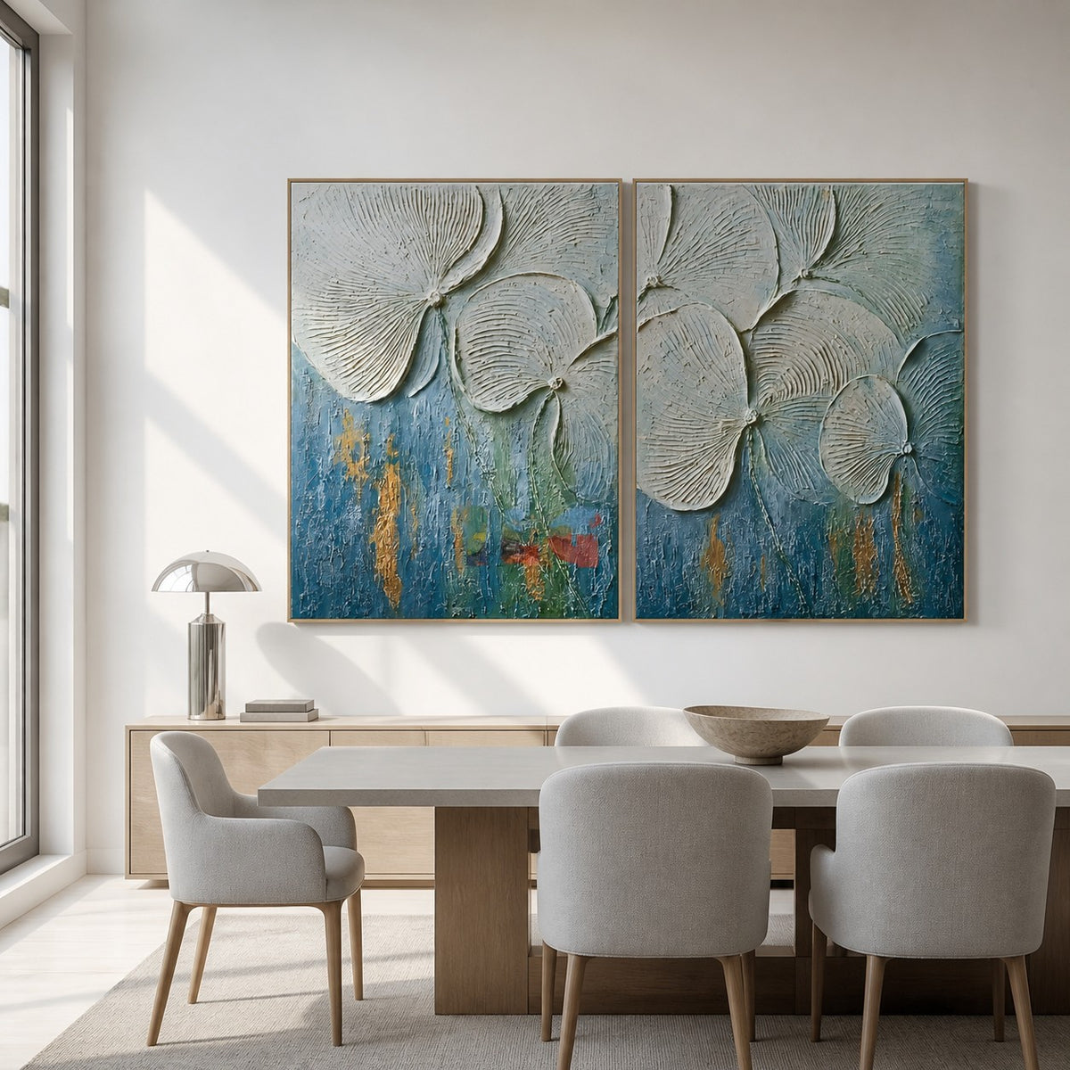 Tidal Petals – Ivory and Ocean Blue Textured Floral Diptych Wall Art