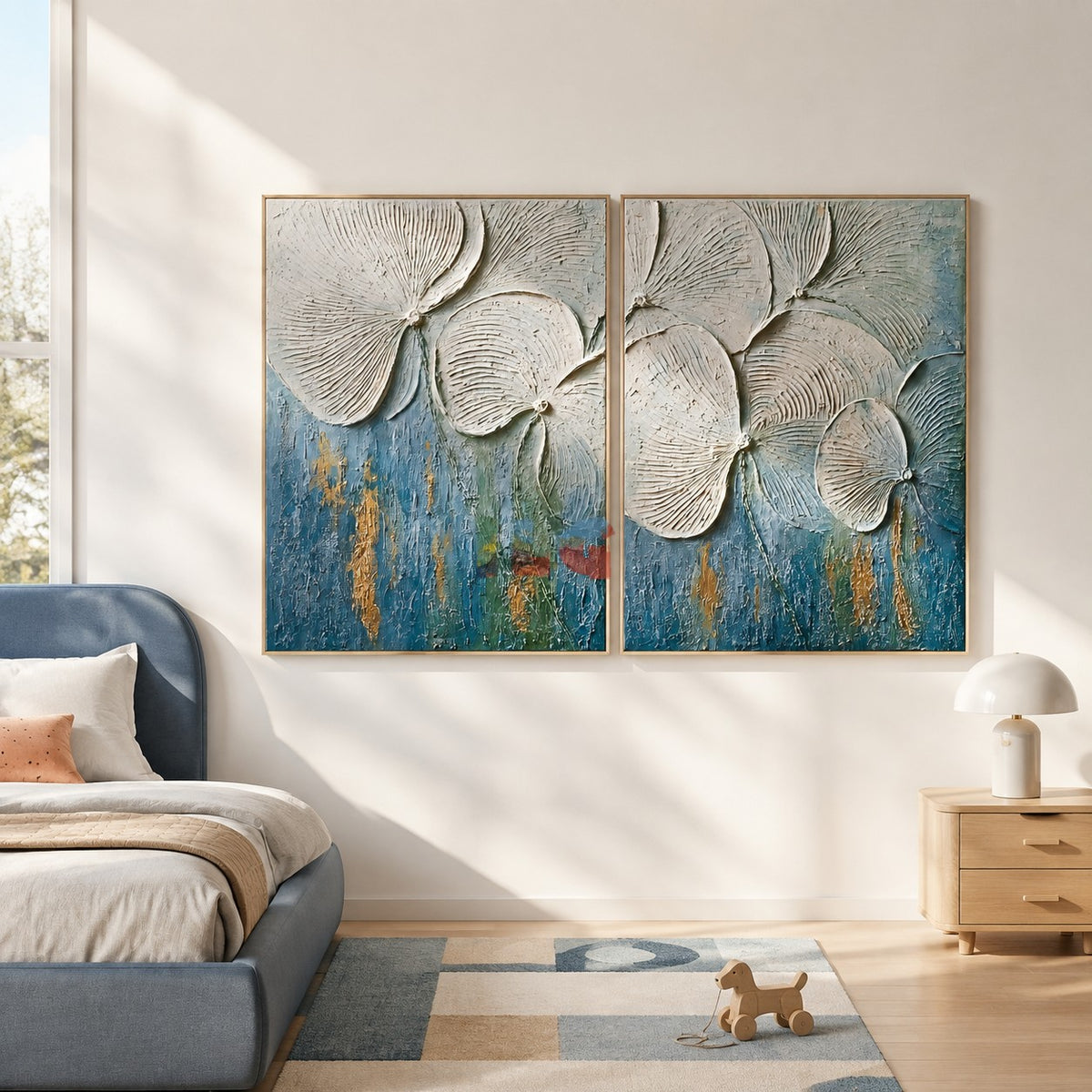 Tidal Petals – Ivory and Ocean Blue Textured Floral Diptych Wall Art