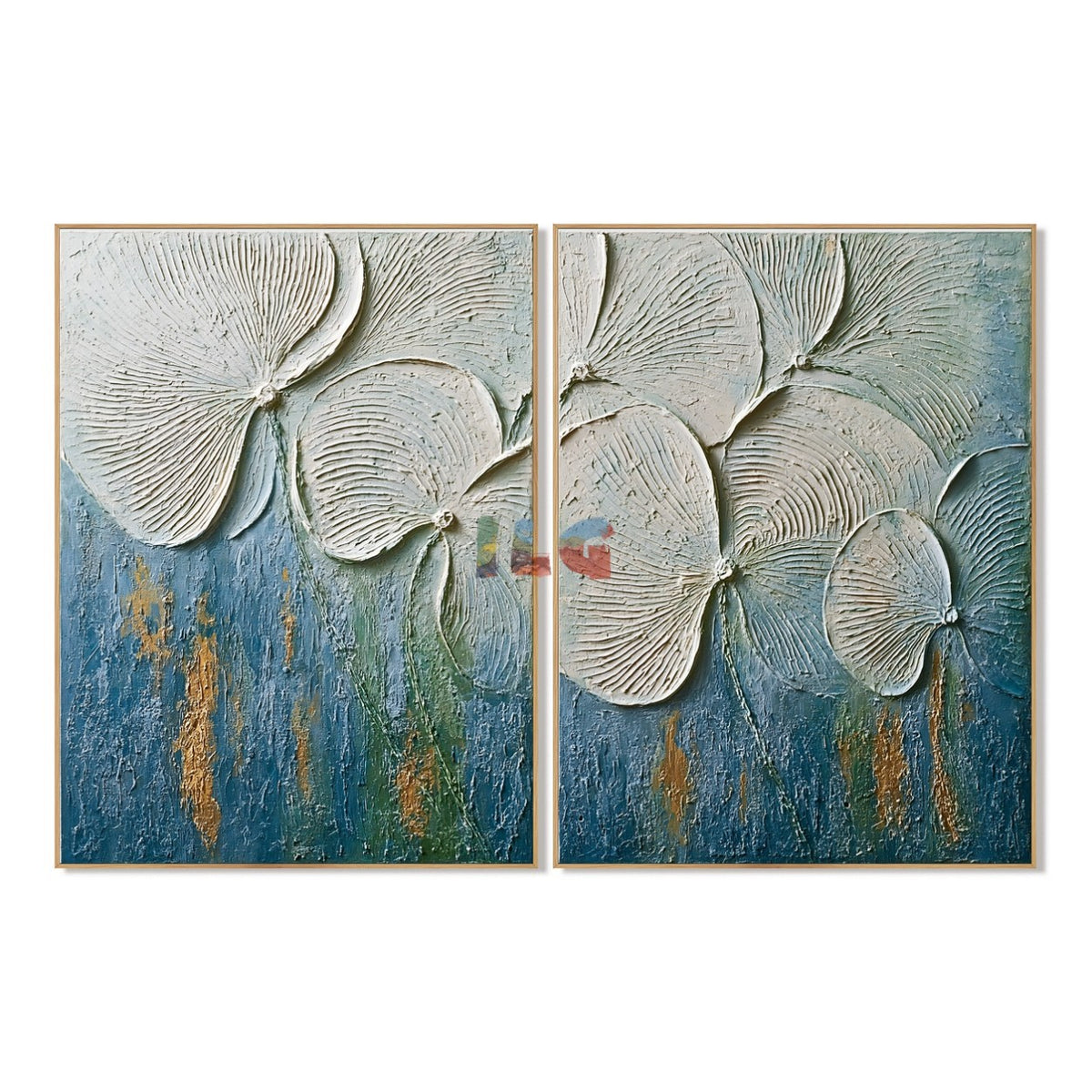 Tidal Petals – Ivory and Ocean Blue Textured Floral Diptych Wall Art