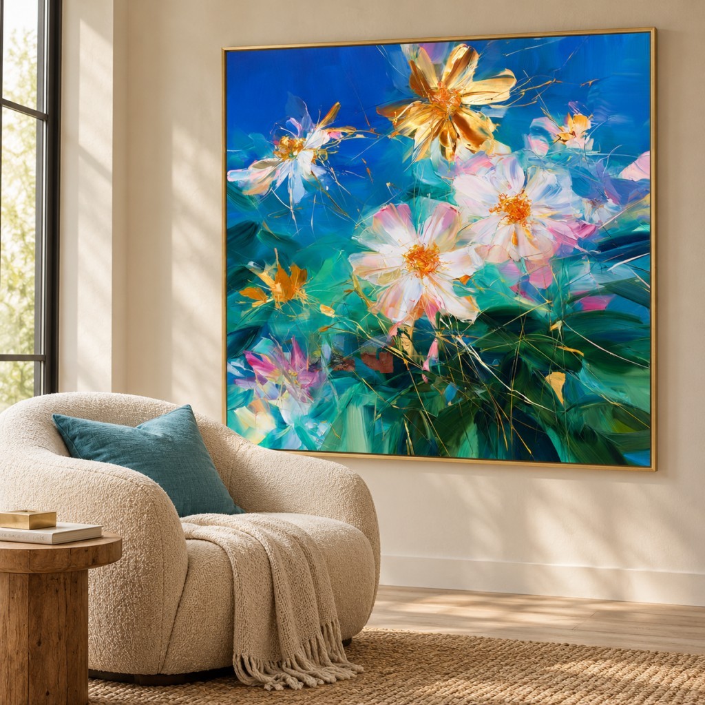 Wildlight in Bloom – Blue and Emerald Floral Abstract Wall Art