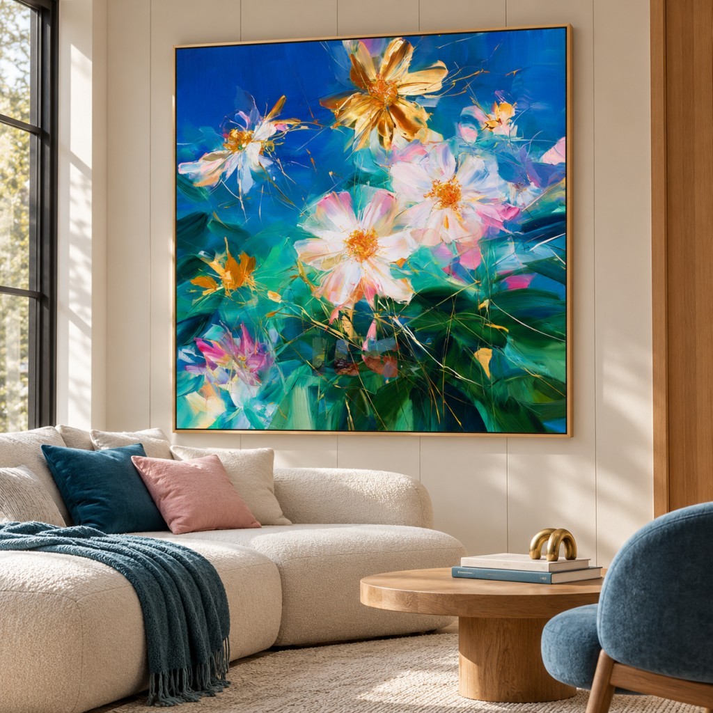 Wildlight in Bloom – Blue and Emerald Floral Abstract Wall Art
