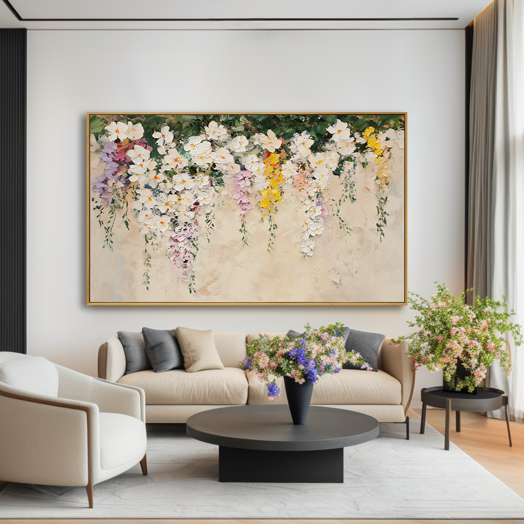 Ivory Blossom Cascade – Textured Floral Oil Painting
