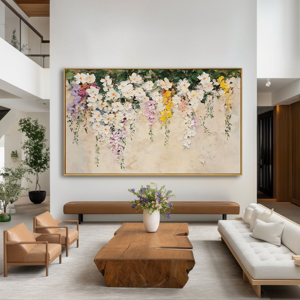 Ivory Blossom Cascade – Textured Floral Oil Painting