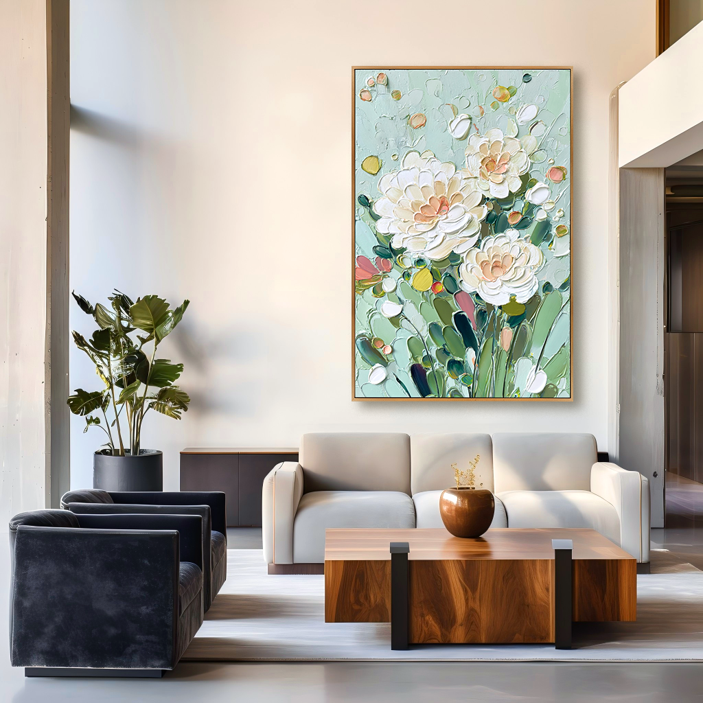 Mint Garden Peonies – Textured Floral Oil Painting