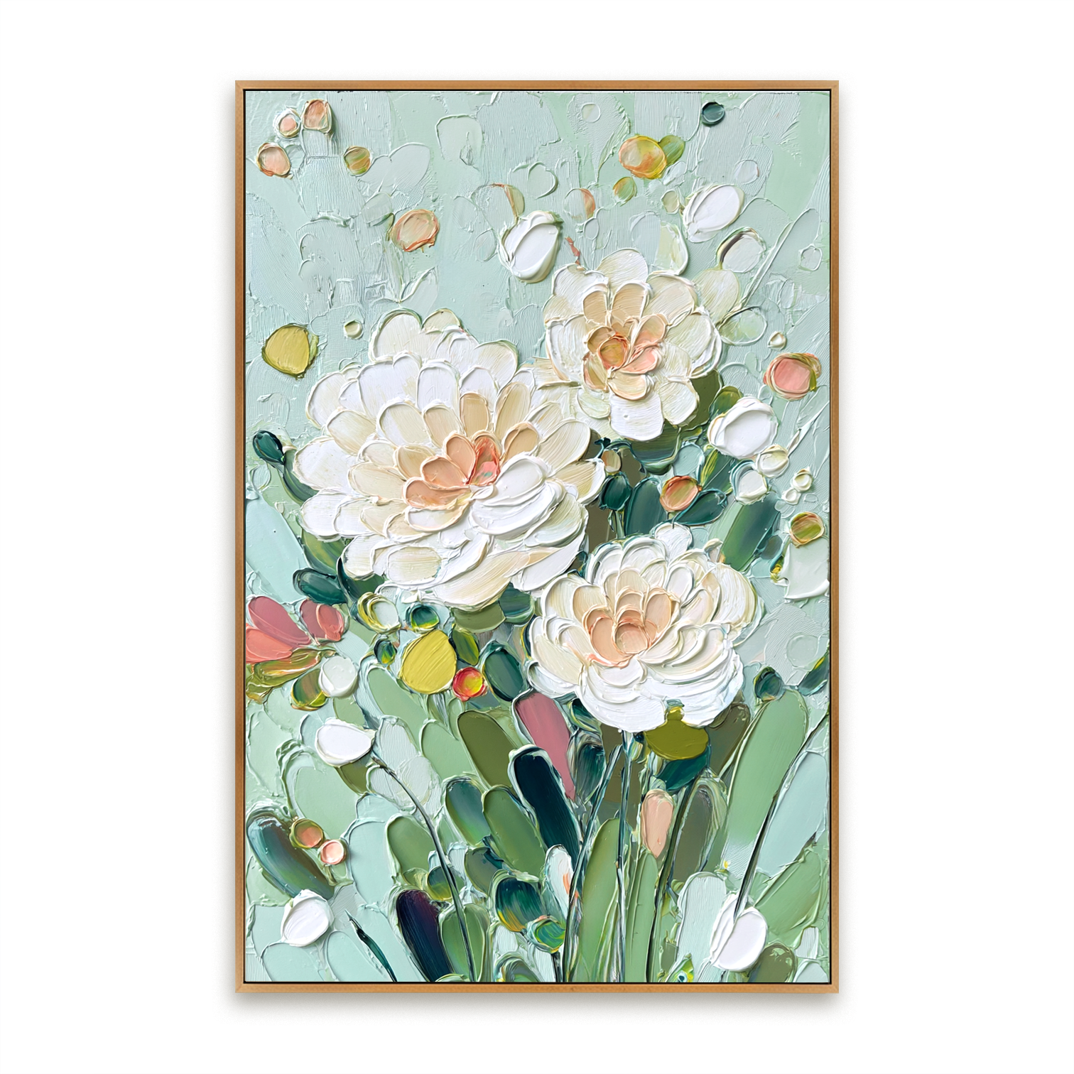 Mint Garden Peonies – Textured Floral Oil Painting