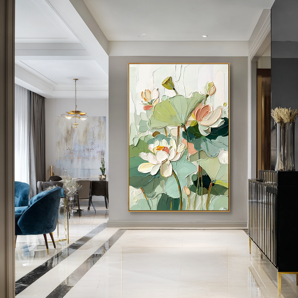 Serene Lotus Garden – Textured Lotus Oil Painting