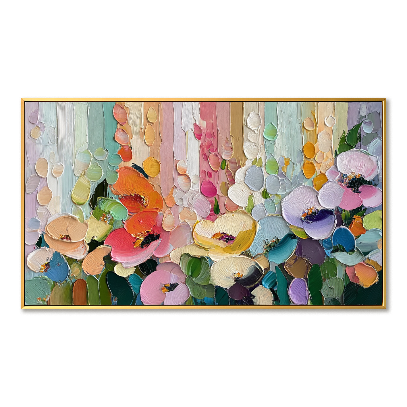 Colorful Floral Delight – Textured Oil Painting, Multi-color Abstract Floral Wall Art for Living Room, Fine Art Flower Decor