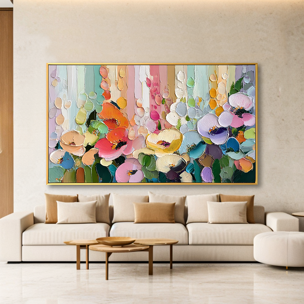 Colorful Floral Delight – Textured Oil Painting, Multi-color Abstract Floral Wall Art for Living Room, Fine Art Flower Decor