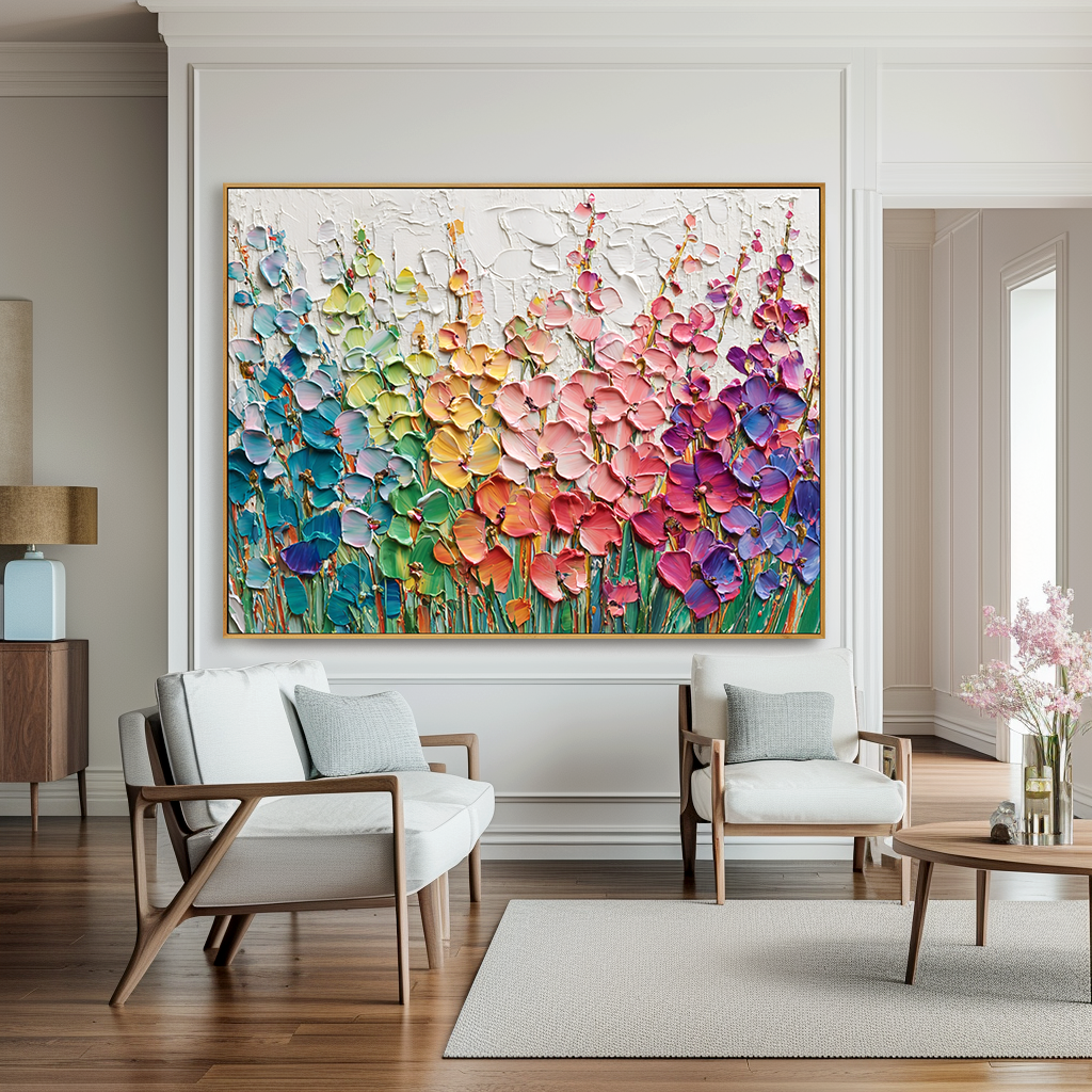 Colorful Garden - Textured Flower Wall Art Hand-Painted Rainbow Floral Canvas for Modern Home Decor