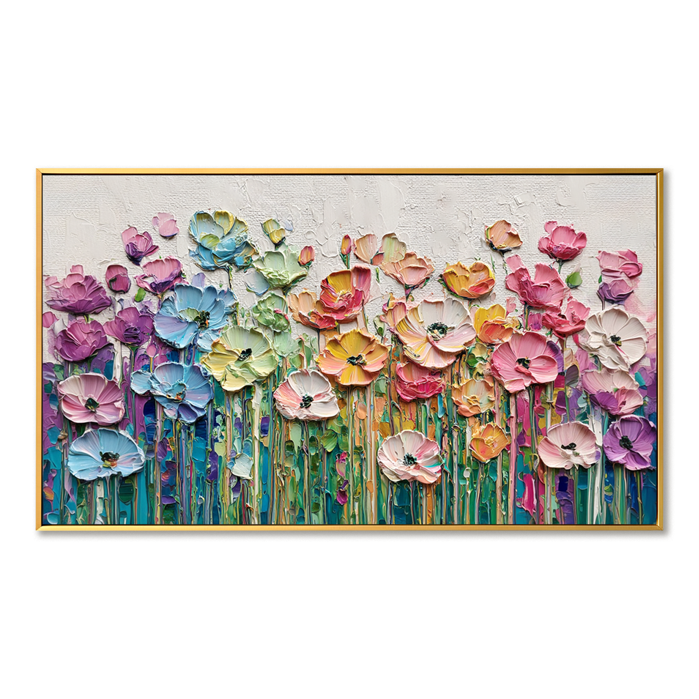 Colorful Poppy Blossom – Textured Oil Painting, Multi-color Poppy Wall Art for Living Room, Fine Art Floral Decor