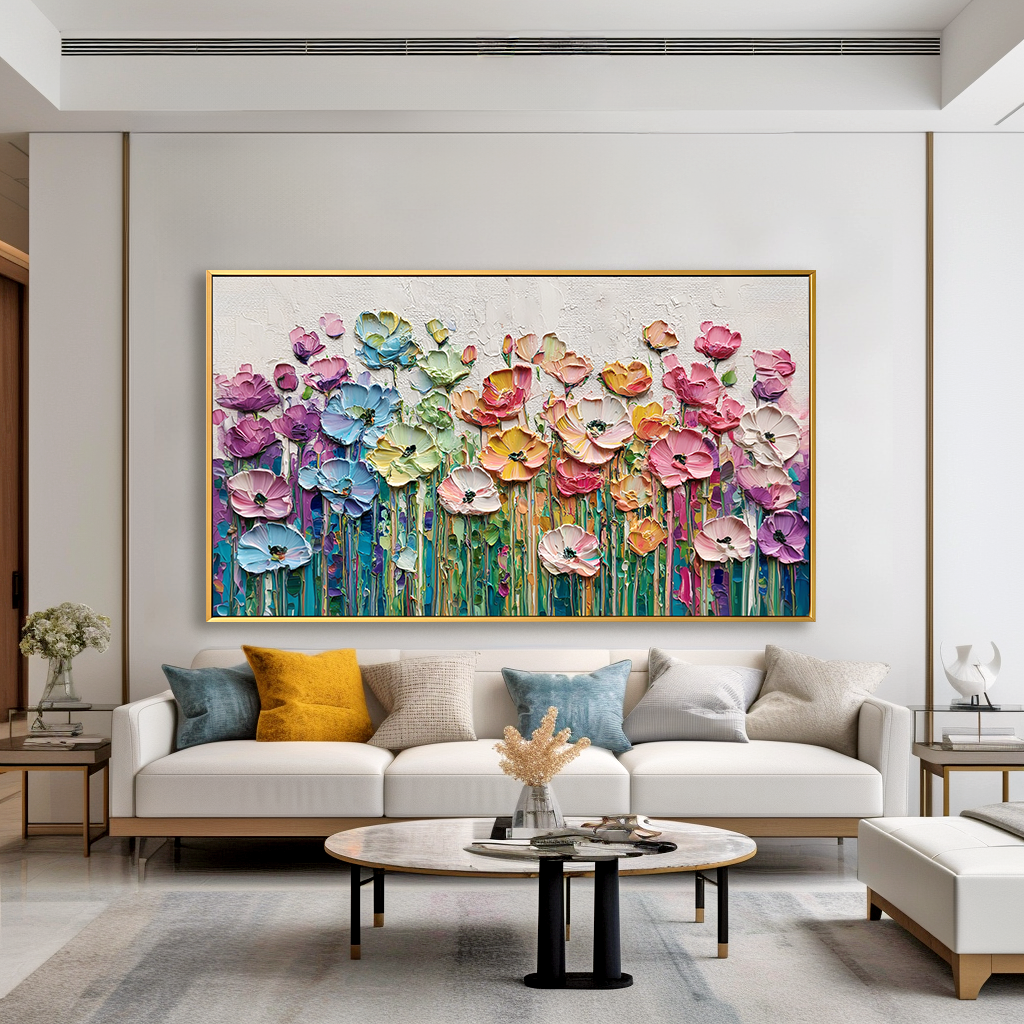 Colorful Poppy Blossom – Textured Oil Painting, Multi-color Poppy Wall Art for Living Room, Fine Art Floral Decor