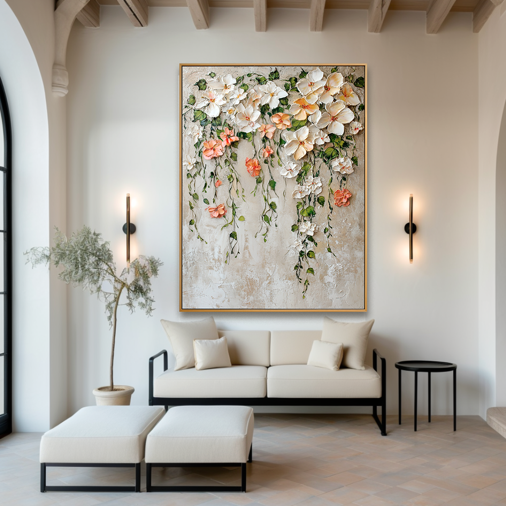 Falling Blossom Grace – Textured Floral Oil Painting, Hand-Painted Cascading Flower Wall Art