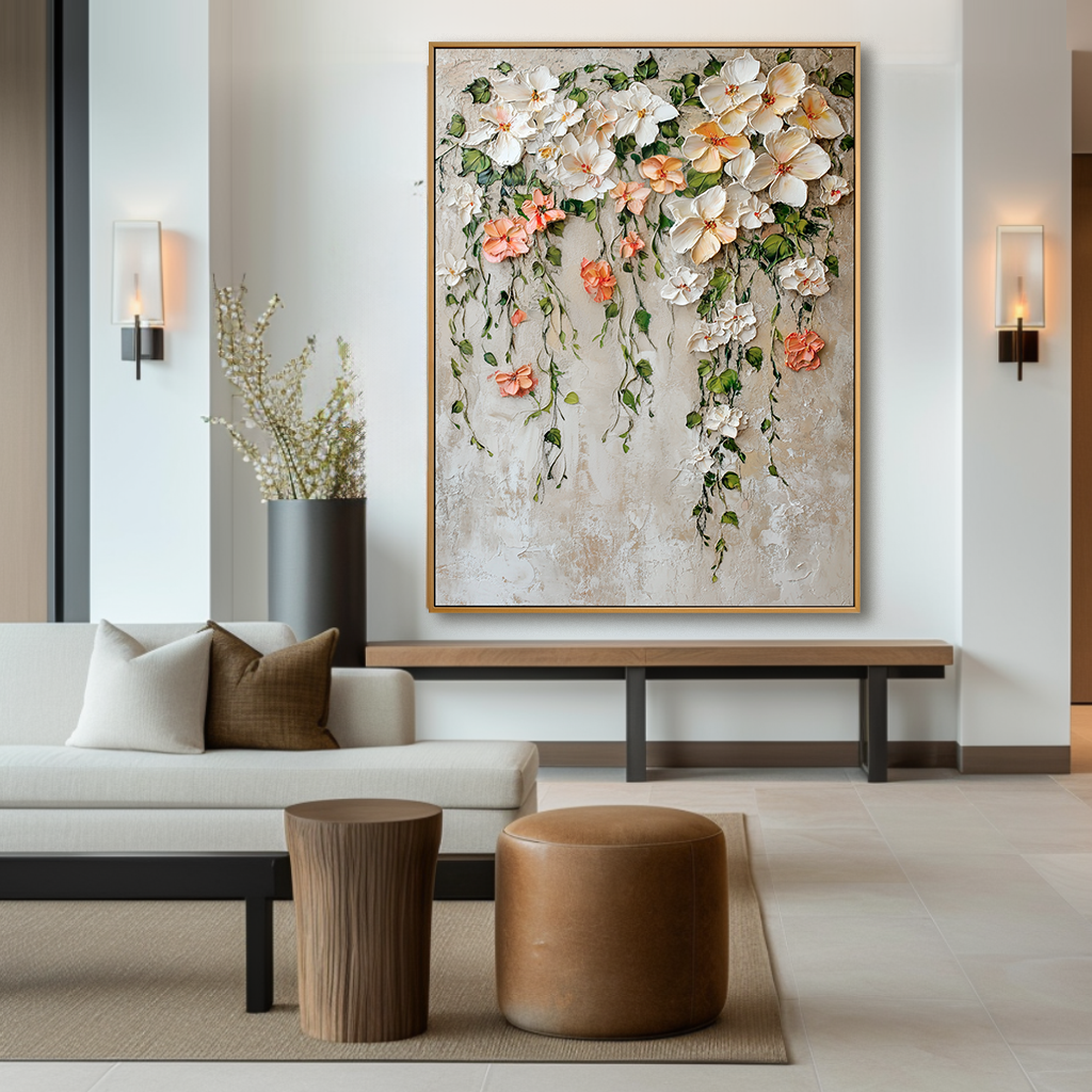 Falling Blossom Grace – Textured Floral Oil Painting, Hand-Painted Cascading Flower Wall Art
