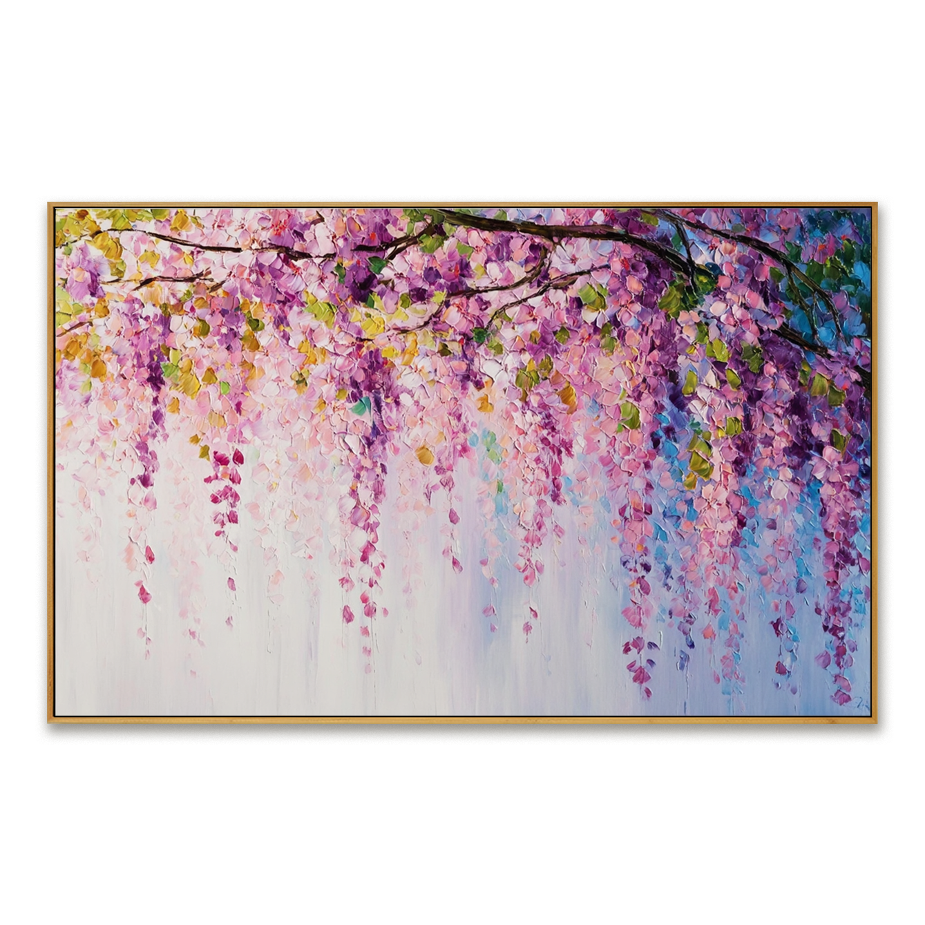 Graceful Wisteria Blossom – Textured Oil Painting, Vibrant Purple Wisteria Wall Art for Living Room, Fine Art Floral Decor
