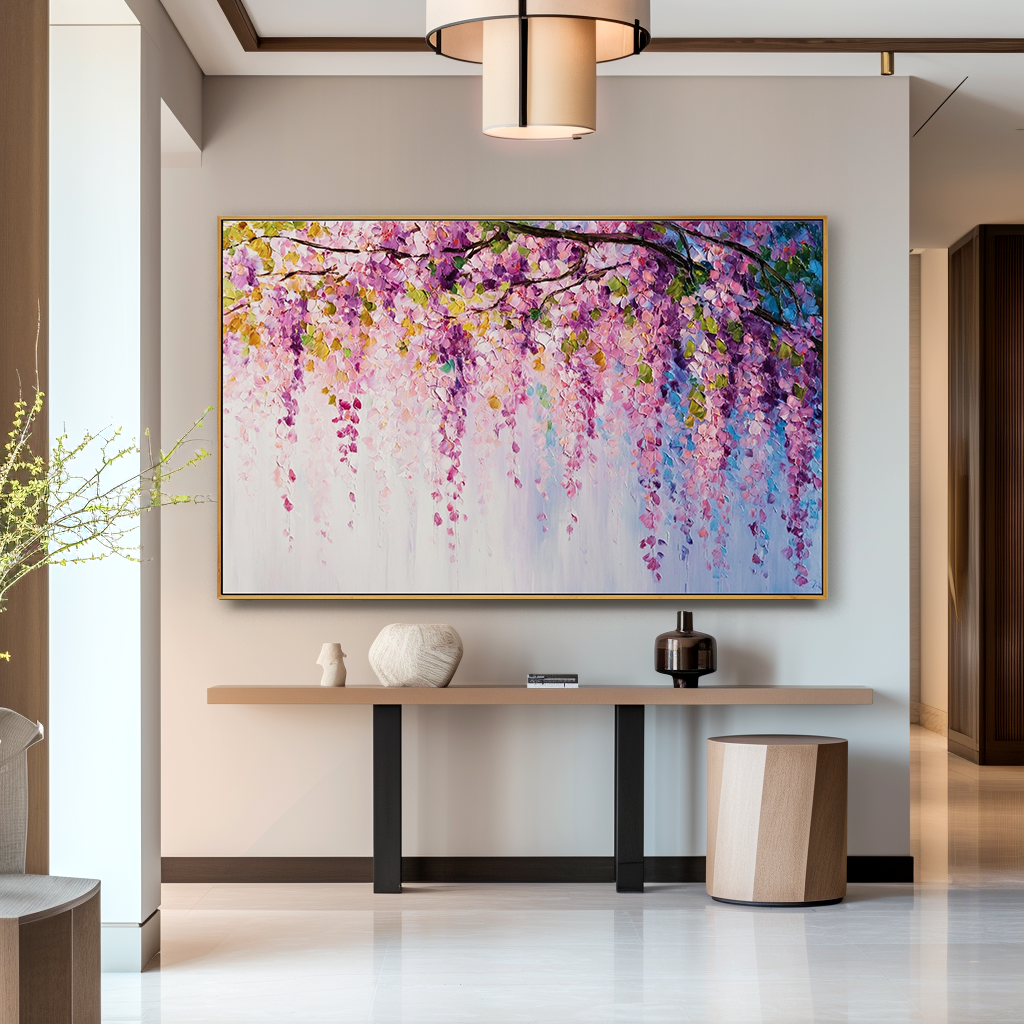 Graceful Wisteria Blossom – Textured Oil Painting, Vibrant Purple Wisteria Wall Art for Living Room, Fine Art Floral Decor