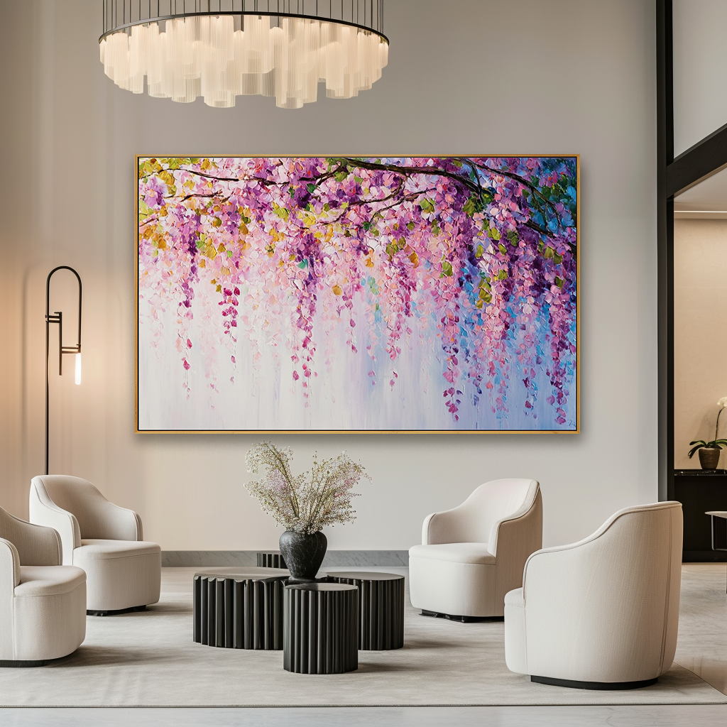 Graceful Wisteria Blossom – Textured Oil Painting, Vibrant Purple Wisteria Wall Art for Living Room, Fine Art Floral Decor
