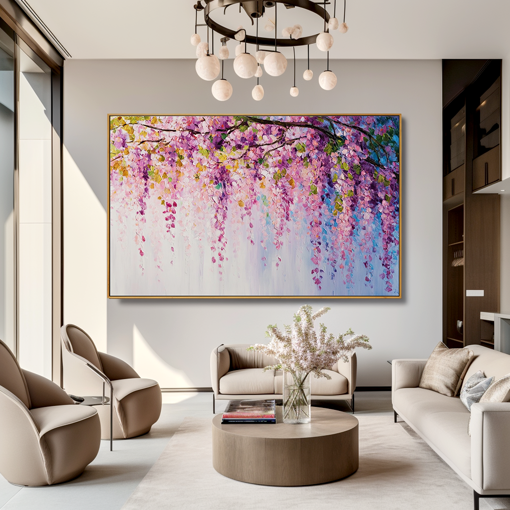 Graceful Wisteria Blossom – Textured Oil Painting, Vibrant Purple Wisteria Wall Art for Living Room, Fine Art Floral Decor