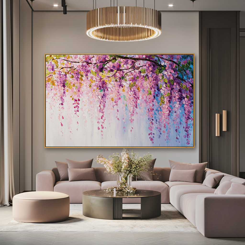 Graceful Wisteria Blossom – Textured Oil Painting, Vibrant Purple Wisteria Wall Art for Living Room, Fine Art Floral Decor