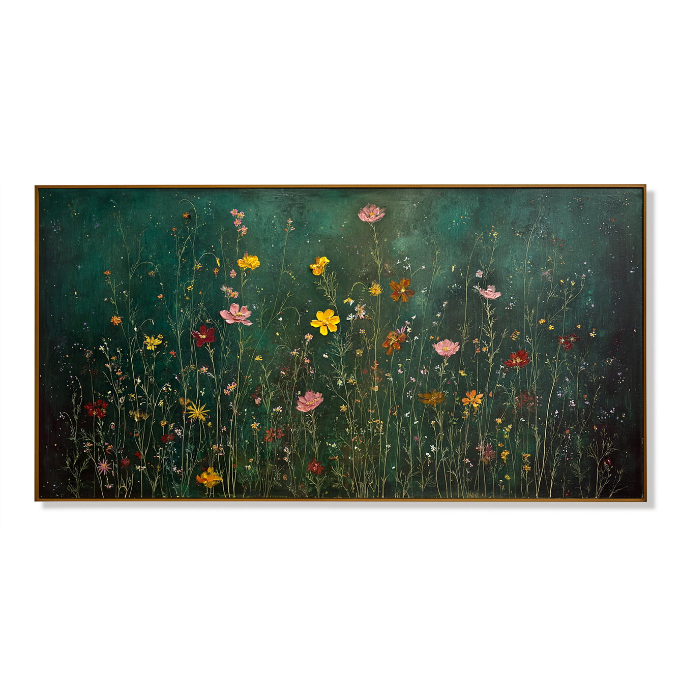 Midnight Meadow Symphony Panoramic Floral Wall Art Hand Painted Wildflower Canvas
