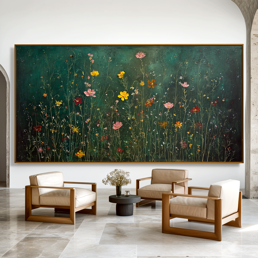 Midnight Meadow Symphony Panoramic Floral Wall Art Hand Painted Wildflower Canvas