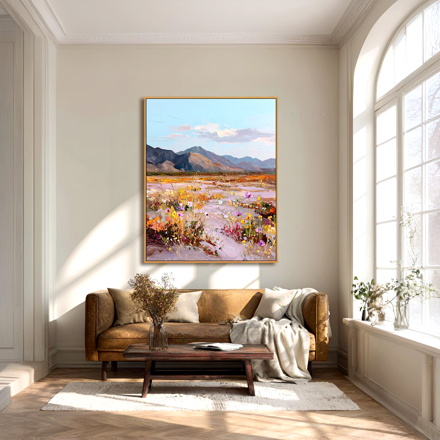 Valley in Bloom — Textured Wildflower Landscape Oil Painting, Mountain Wall Art