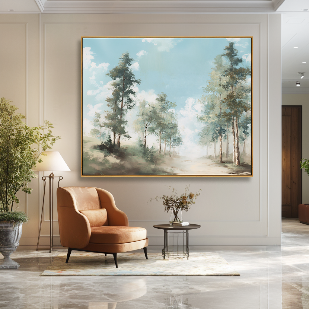 Open Woodland Path – Hand-Painted Landscape Wall Art with Soft Texture for Modern Home Decor