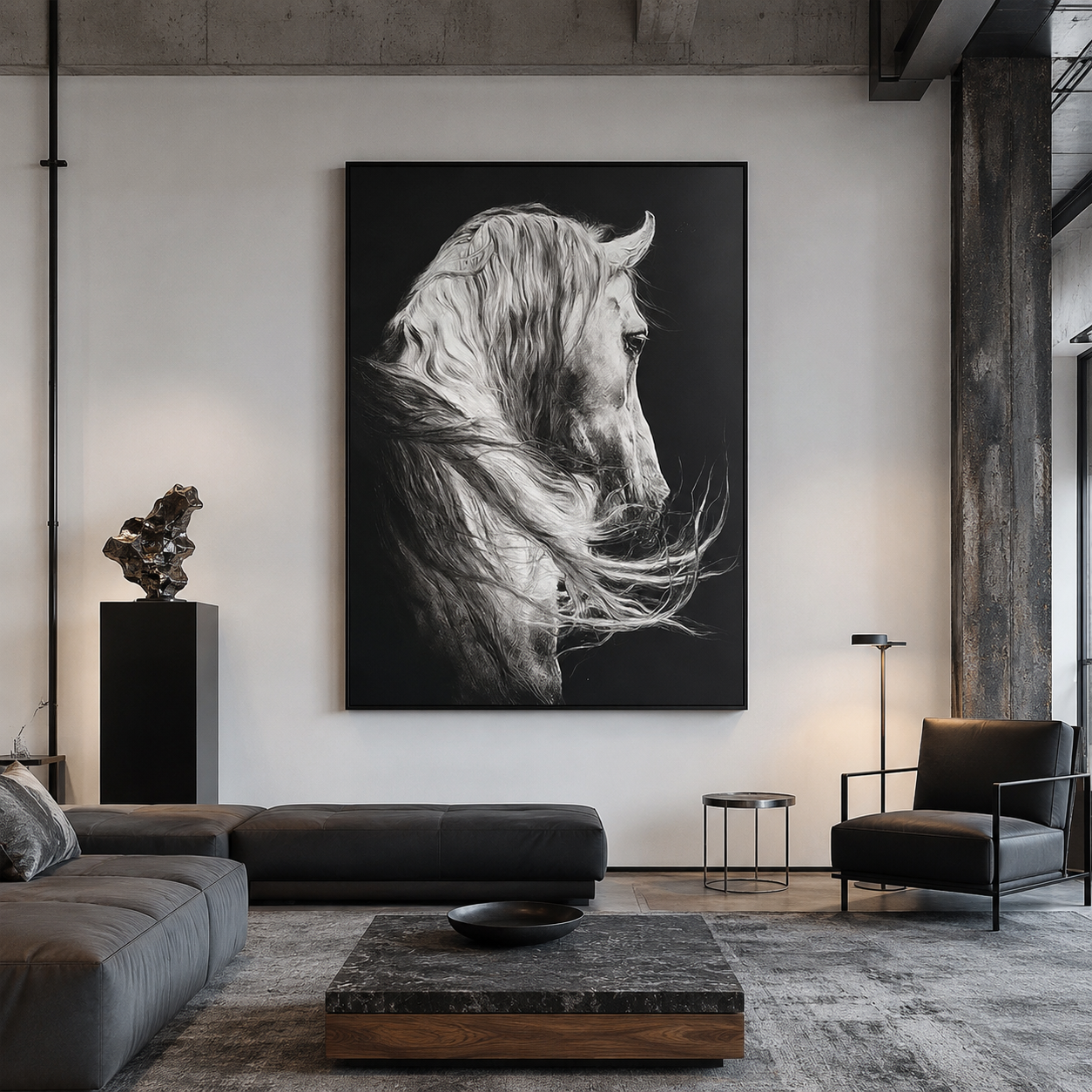 Black Horse Wall Art – Modern Textured Animal Painting