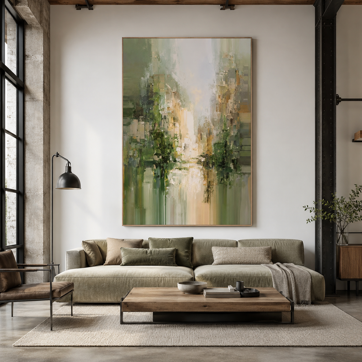 Beyond the Mist - Green Abstract Cityscape Oil Painting | Modern Textured Wall Art