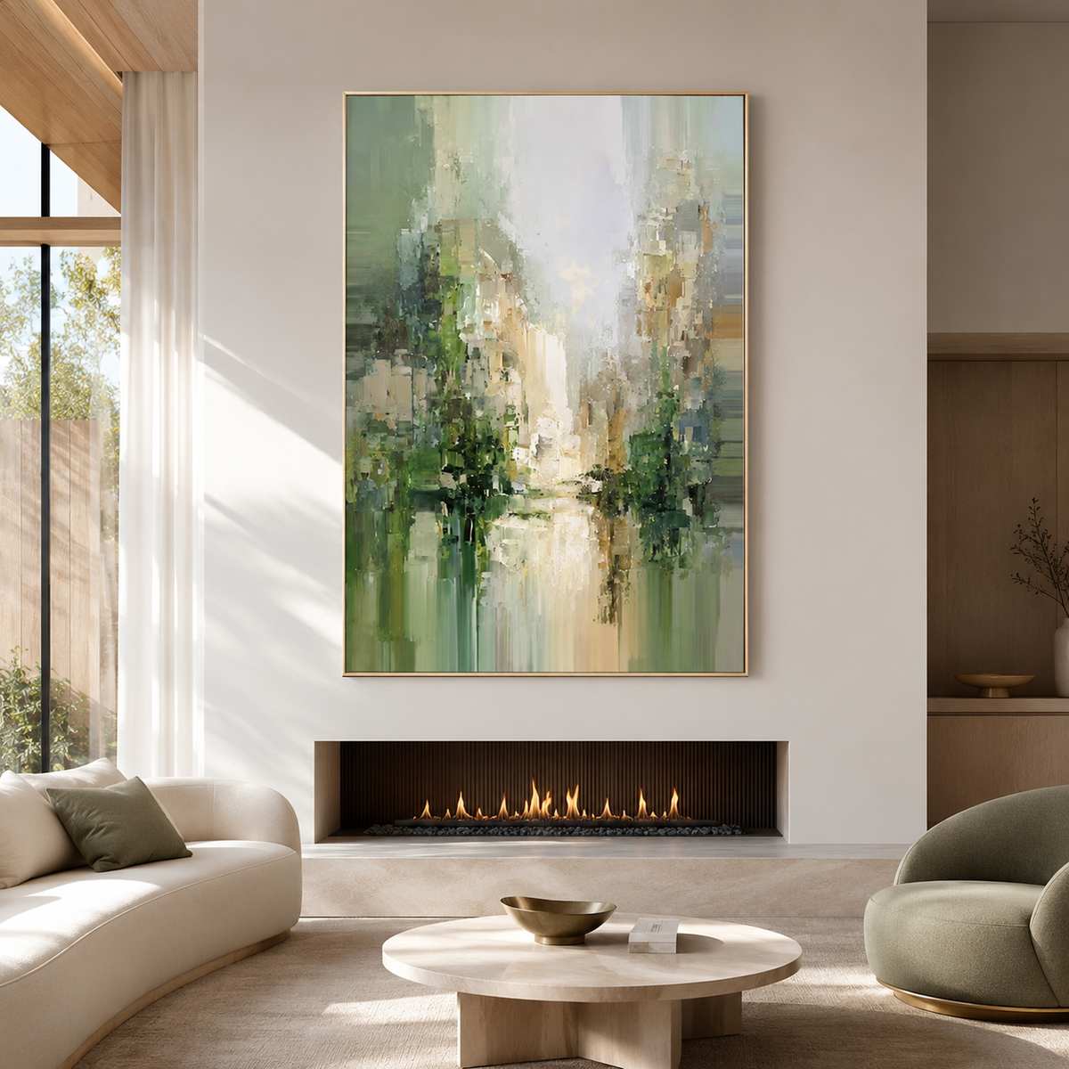 Beyond the Mist - Green Abstract Cityscape Oil Painting | Modern Textured Wall Art