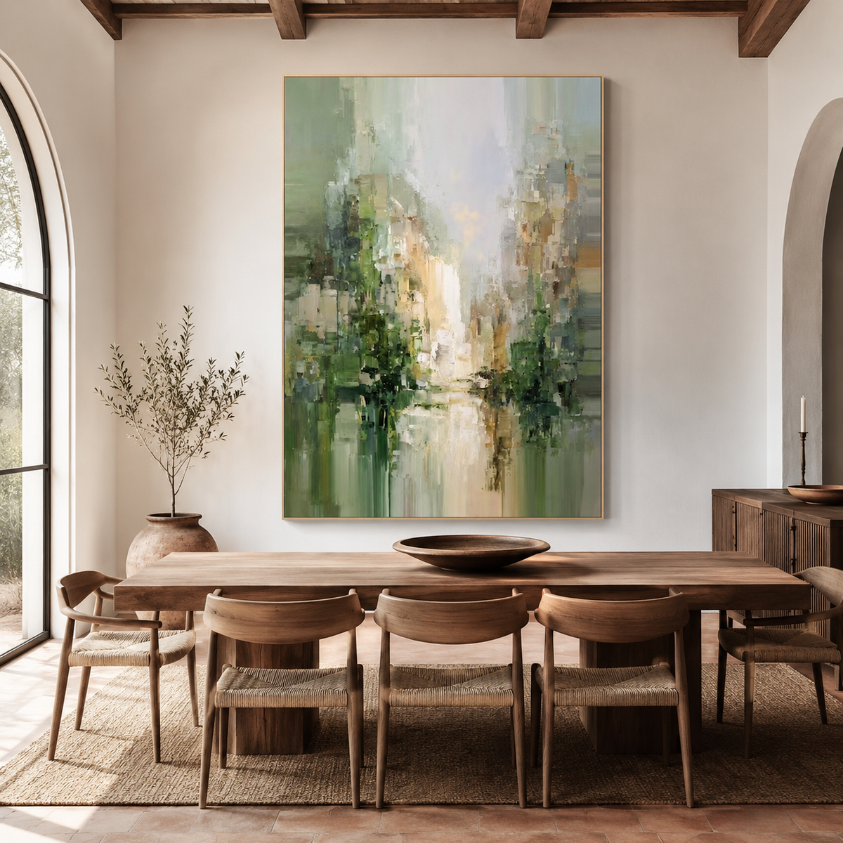 Beyond the Mist - Green Abstract Cityscape Oil Painting | Modern Textured Wall Art