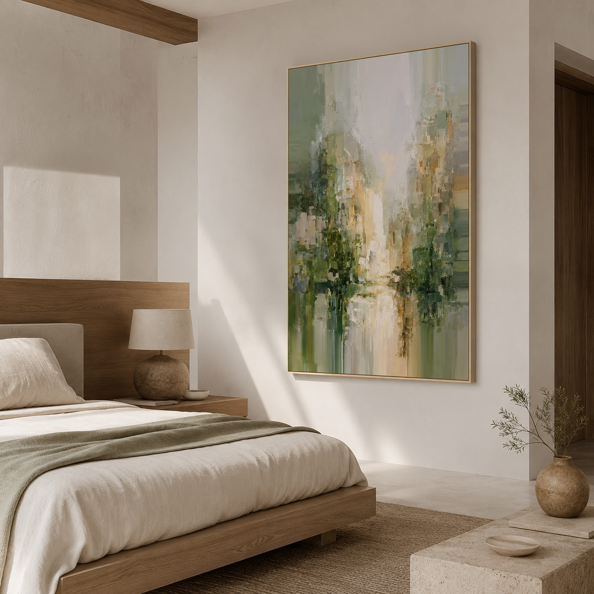 Beyond the Mist - Green Abstract Cityscape Oil Painting | Modern Textured Wall Art