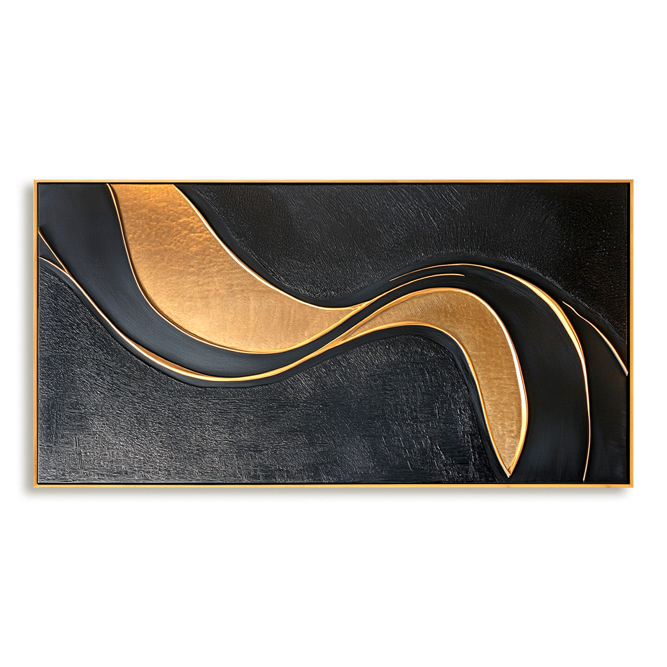Black and gold abstract textured wall art with flowing curved gold lines on dark background