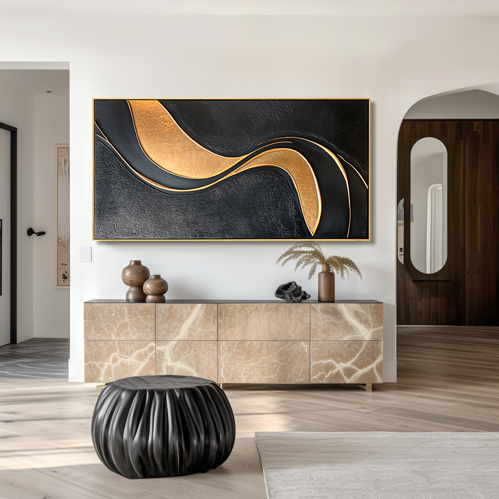 Black and gold abstract textured wall art with flowing curved gold lines on dark background