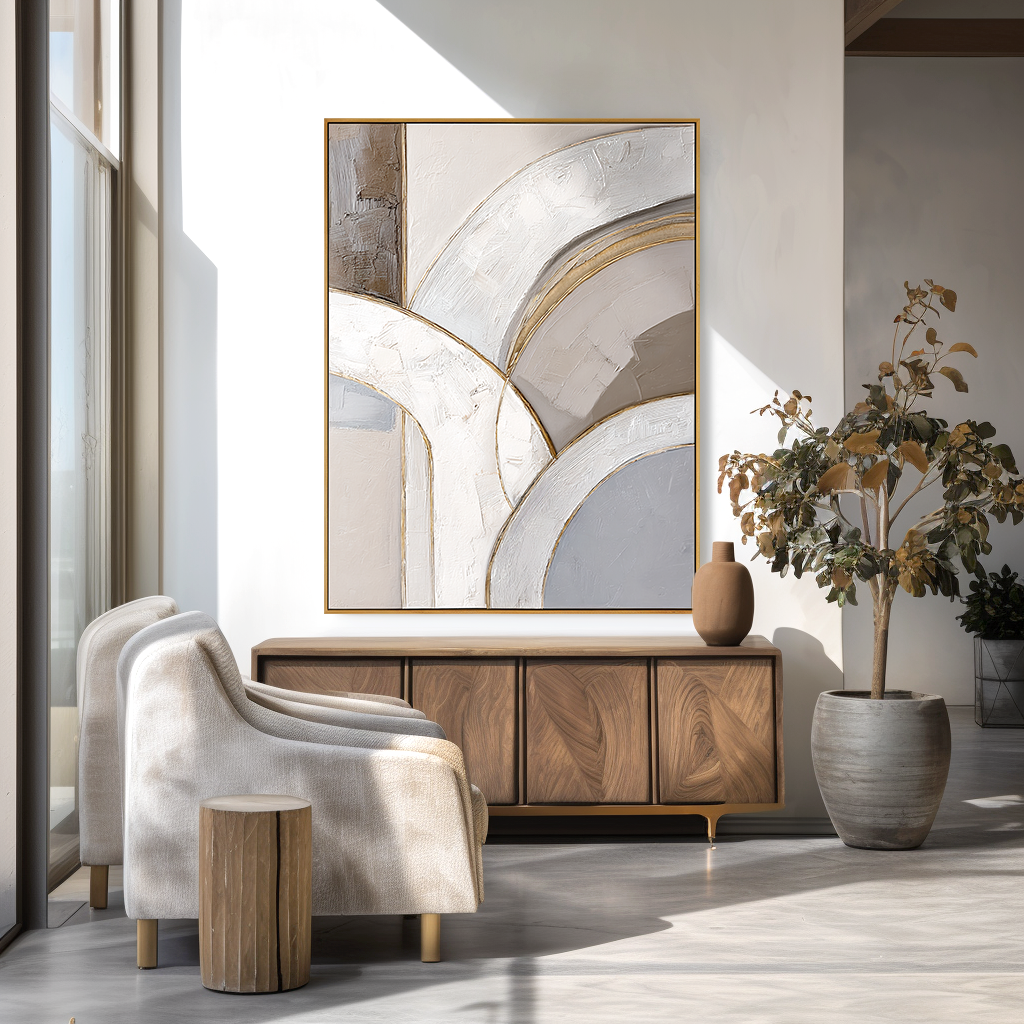 Neutral abstract textured wall art with soft arches in beige and gray tones